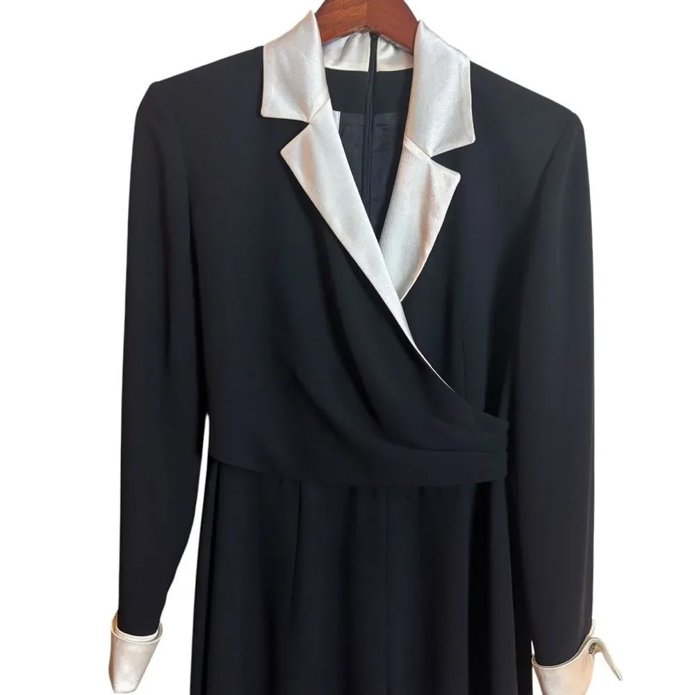 Vintage Jones of New York Black Wide Leg Jumpsuit White Satin Trim Long Sleeve 4 - Picture 4 of 10